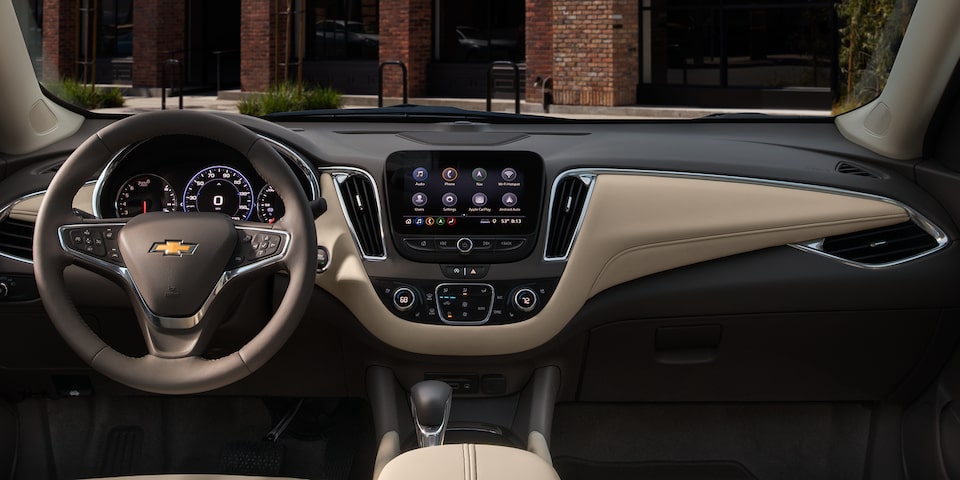 Dark Atmosphere/Light Wheat Interior Selection Dashboard View Inside The 2024 Chevy Malibu