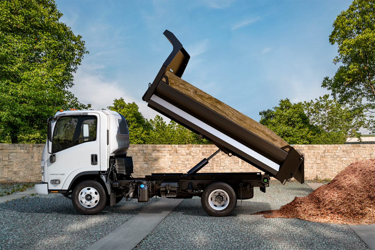2024 Chevy Low Cab Forward Unloading Mulch Into a Pile