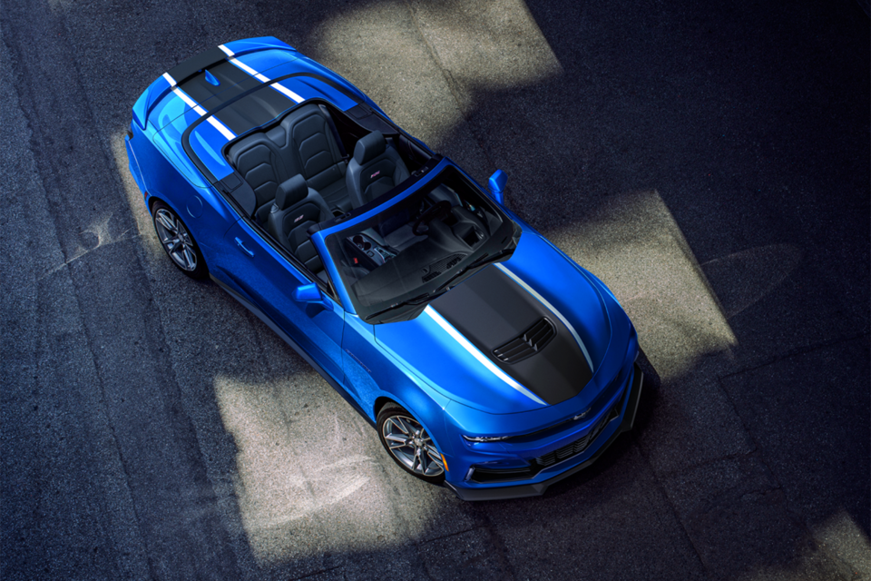 2024 Chevy Camaro In Riptide Blue With Black Decal Overhead View