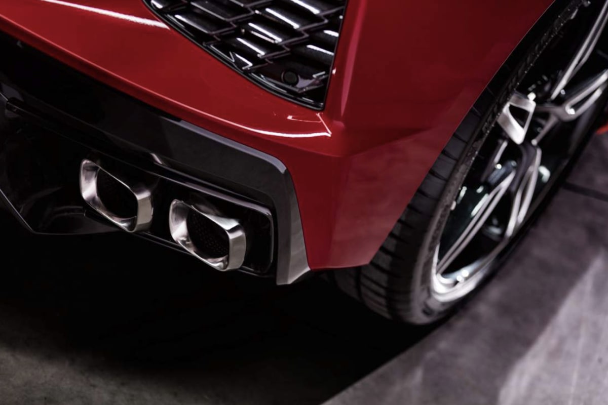 Close Up of 2024 Chevy Corvette Right Rear Exhaust Pipes & Wheel