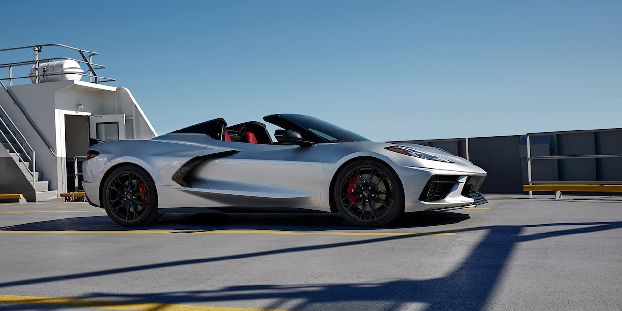 Ceramic Matrix Gray Metallic 2024 Chevrolet Corvette Convertible Parked on Parking Garage Rooftop