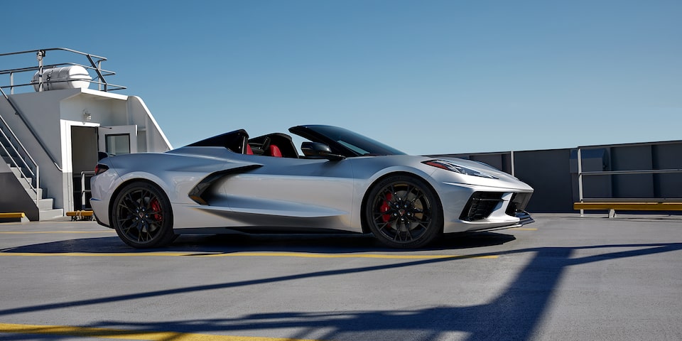Ceramic Matrix Gray Metallic 2024 Chevrolet Corvette Convertible Parked on Parking Garage Rooftop
