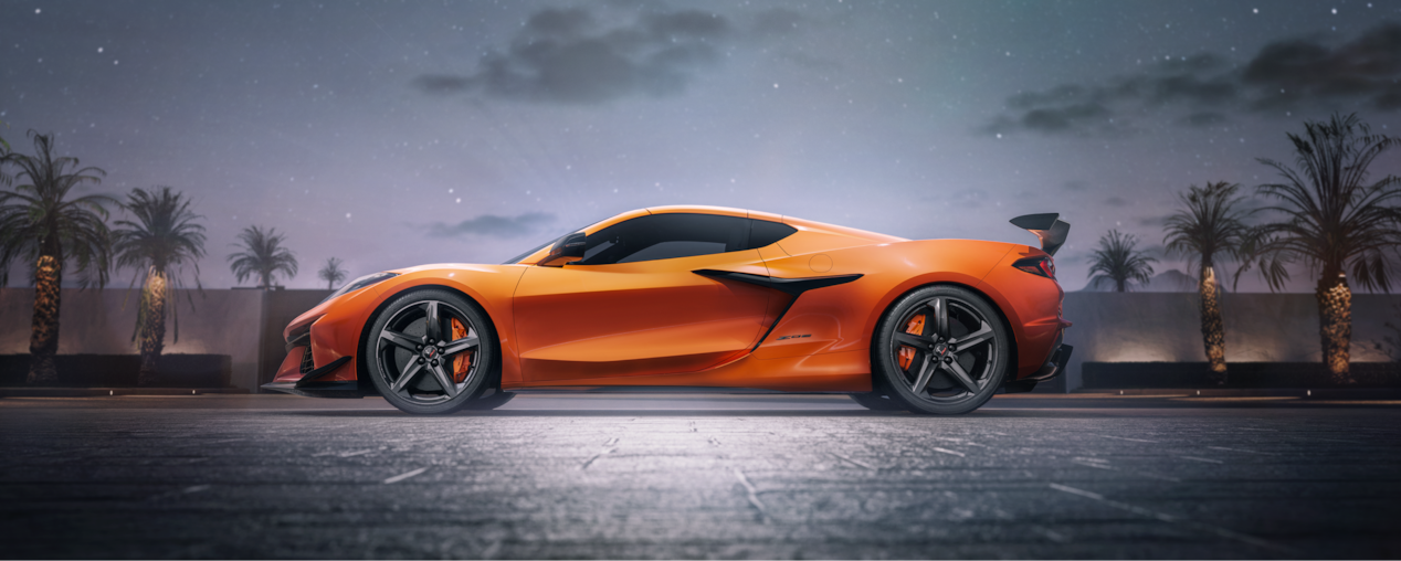 Vista lateral del Corvette Z06 al amanecer