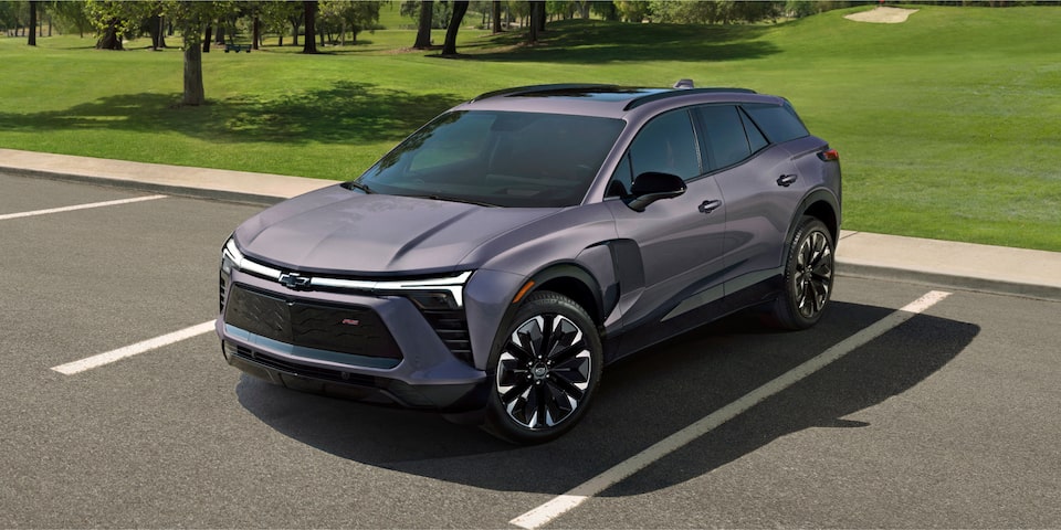 Front 3/4 Shot of Silver 2024 Blazer EV RS Trim Parked in Lot