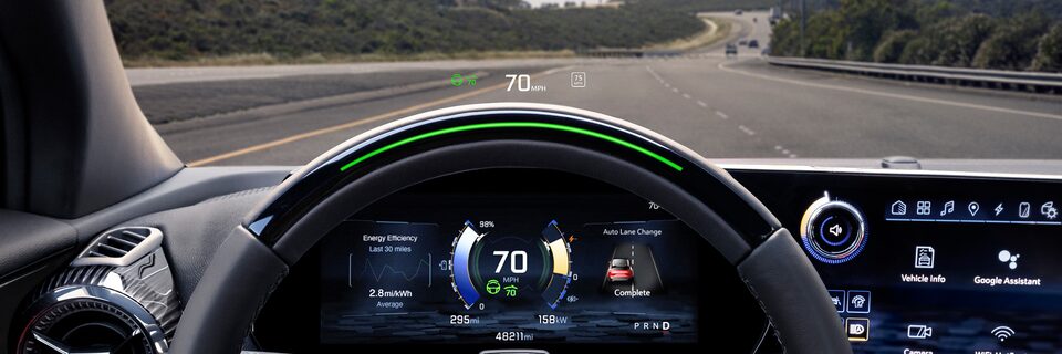 2024 Chevy Blazer EV Available Supercruise Heads-Up Display being used on an open highway 
