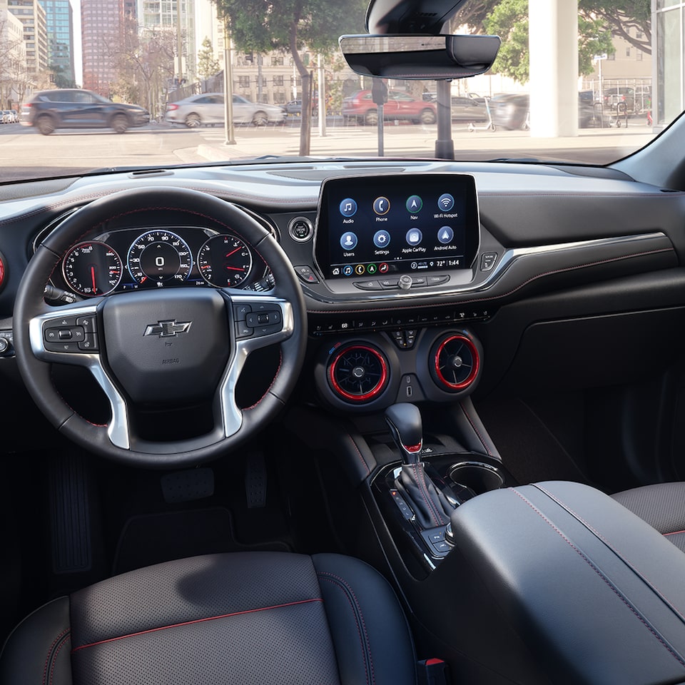 Closeup of Front Seats and Infotainment System in the 2024 Chevrolet Blazer SUV