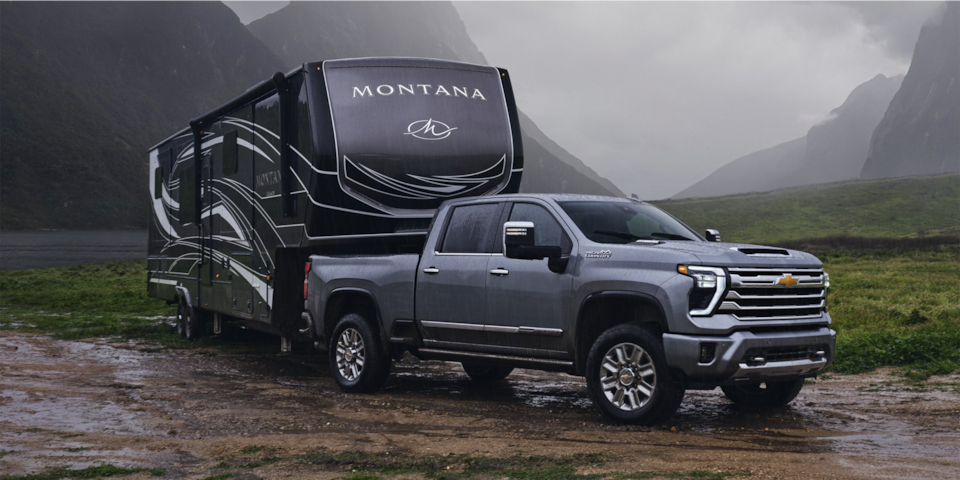 2024 Silverado HD Towing Camper on Cloudy Day