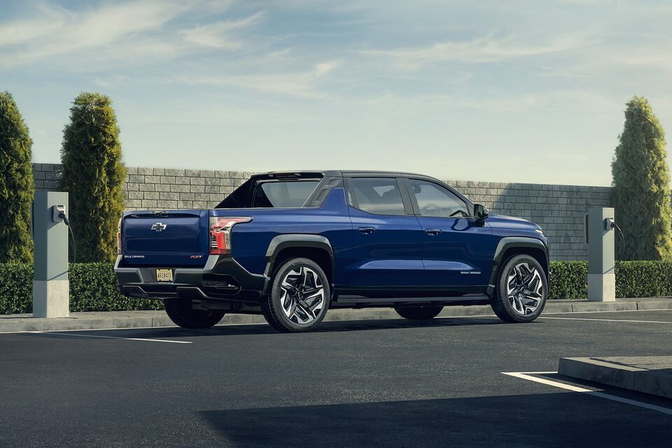 Passenger Side 3/4 Shot of Blue Silverado EV