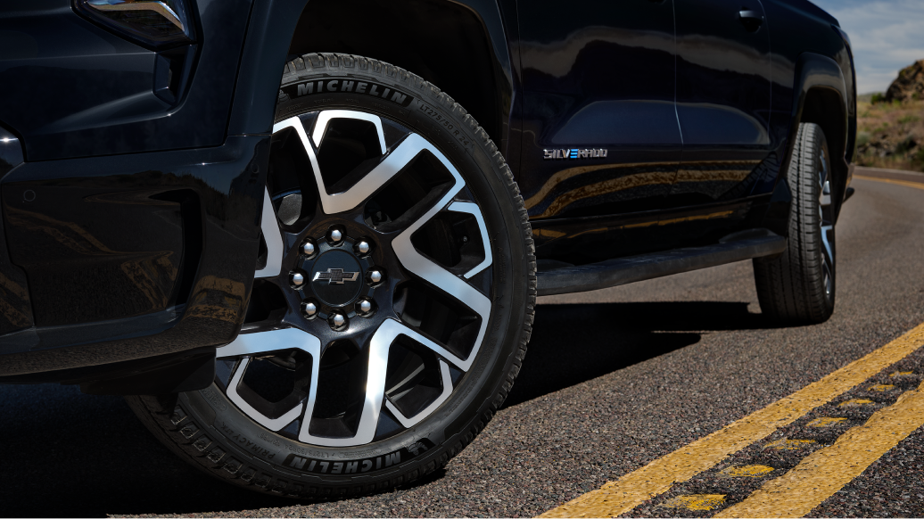 Close-up of the Chevy Silverado EV Front Rims and Tires
