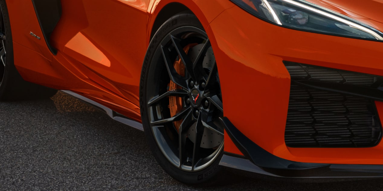 Close-up of the Lower Front Portion of an Orange 2025 Chevy Corvette Z06