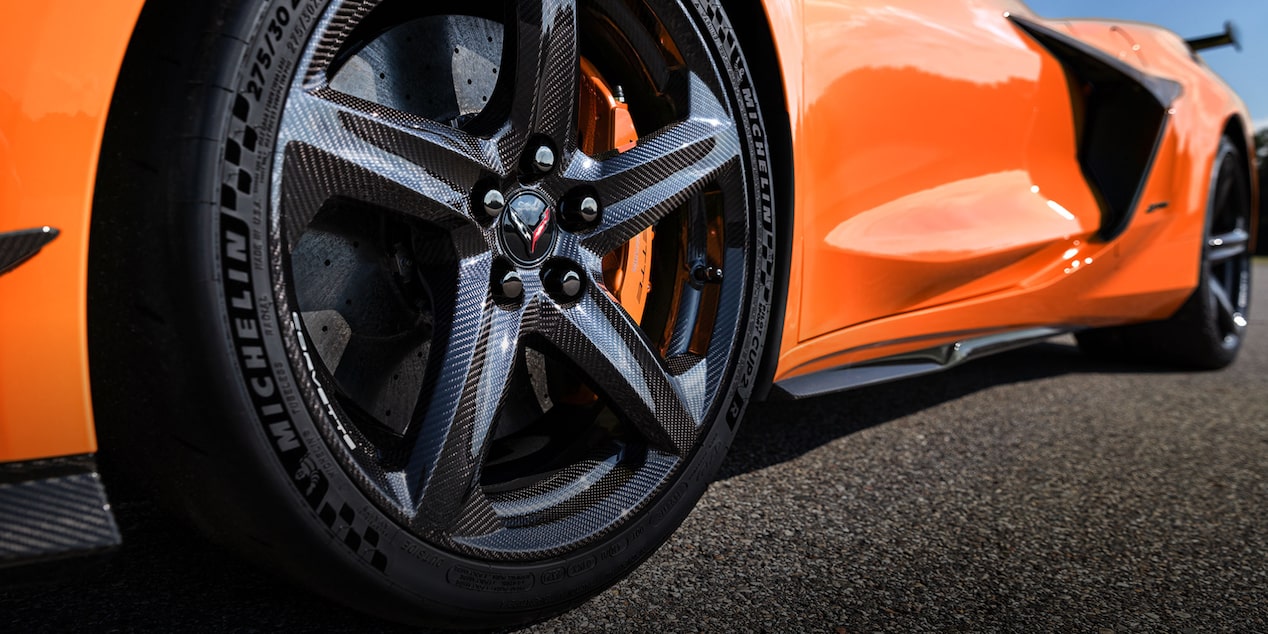 Close-up of the Tire of a 2025 Orange Chevy Corvette Z06