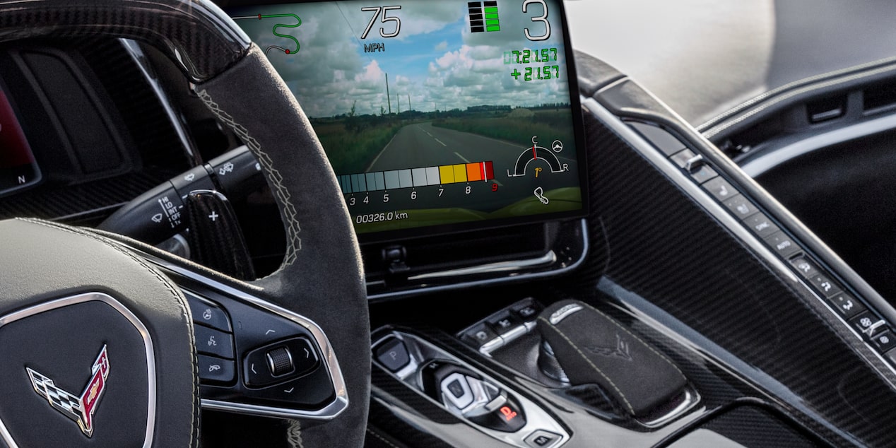 Driver’s Seat View of the Steering Wheel and Dashboard of a 2025 Chevy Corvette Z06
