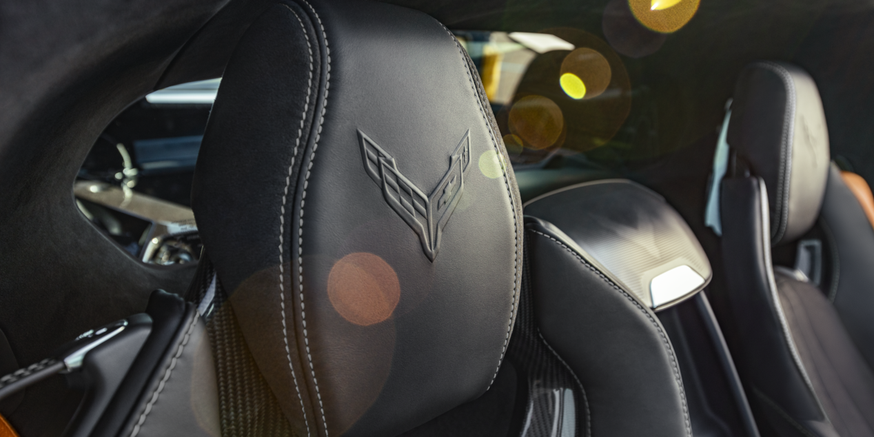 Close-up of the Chevy Crossed Flags Logo Embedded in the Seat of 2025 Chevy Corvette Z06