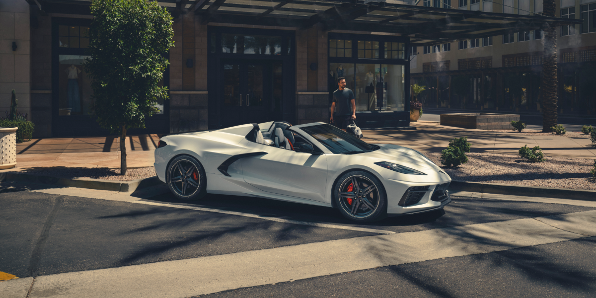 2025 Corvette Stingray Convertible Parked In Front of a Shop