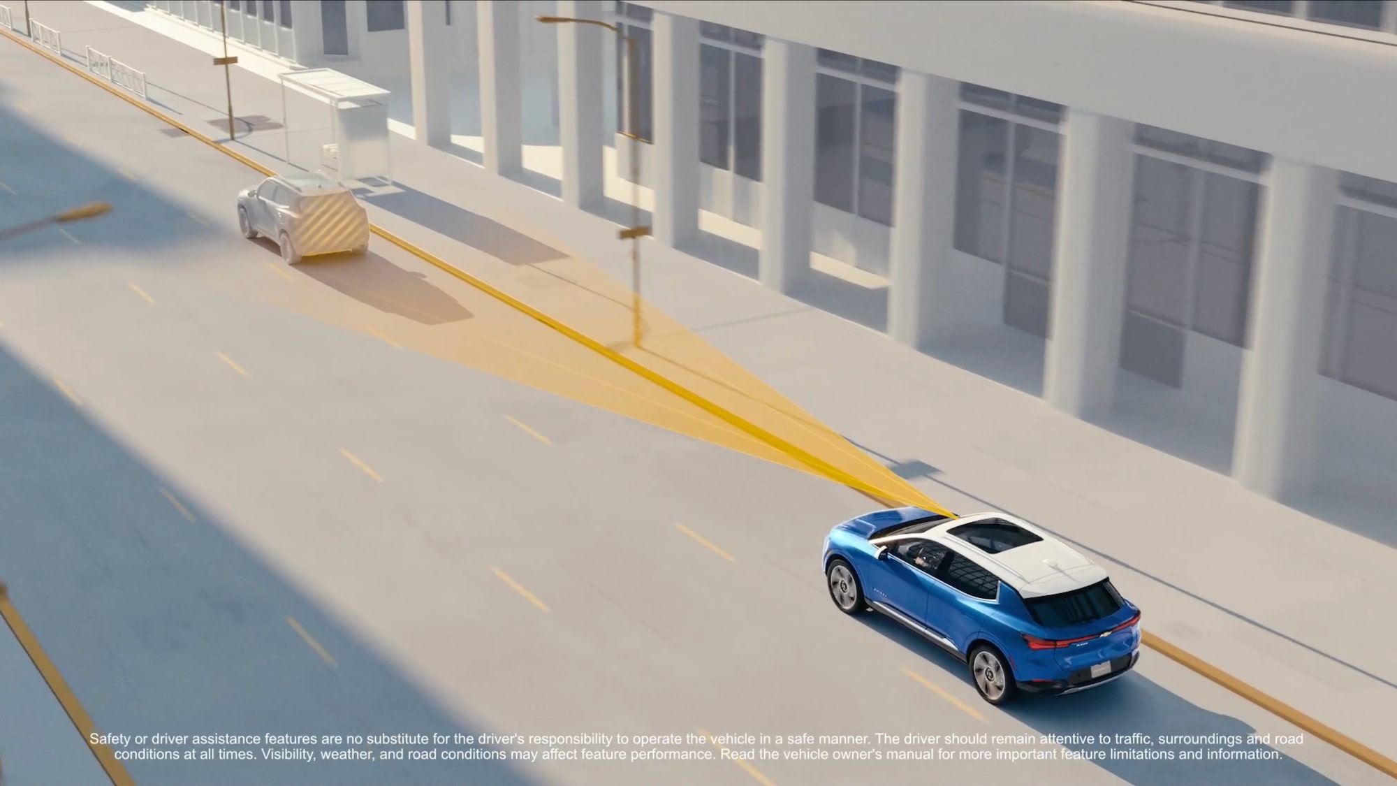 A 3D Image of a 2025 Chevy Equinox EV Measuring Distance to the Car in Front