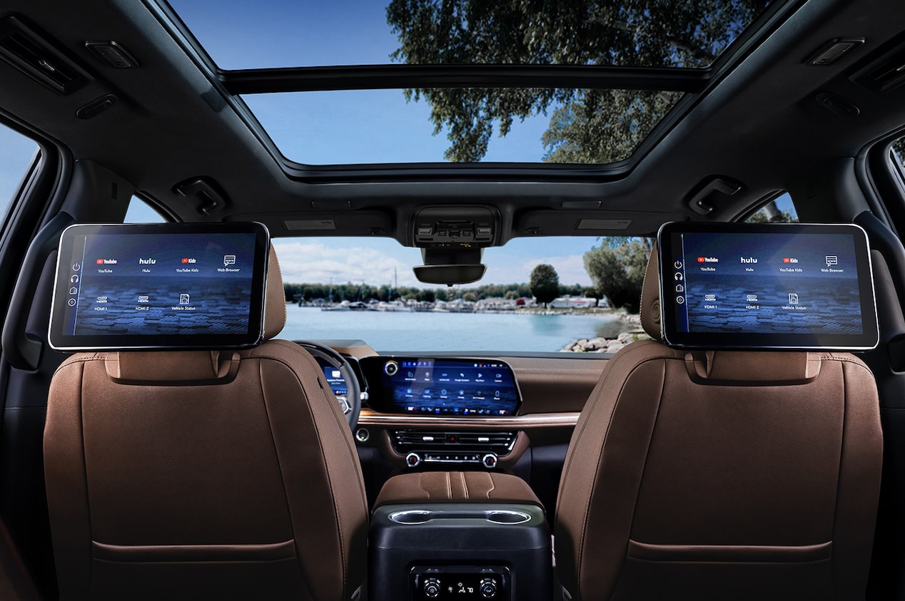View of Rear Seating with Tablets on the Back of the Headrests in the 2025 Chevrolet Suburban SUV