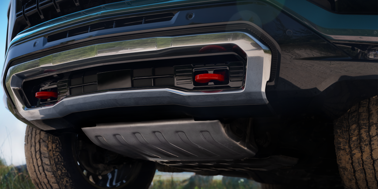 Primer plano del extremo delantera de la parte inferior de la carrocería de la SUV Chevrolet Tahoe 2025