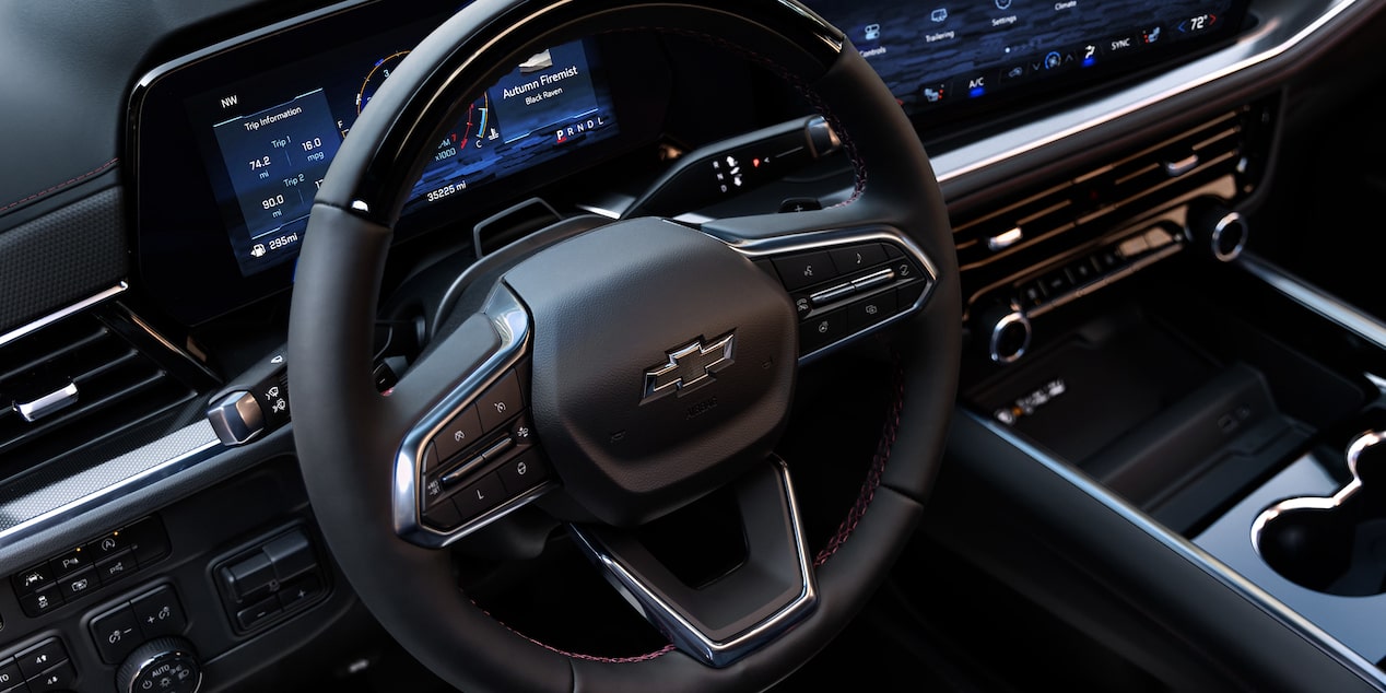 Close-up of the Steering Wheel and dashboard featuring Super Cruise on the 2025 Chevrolet Tahoe SUV