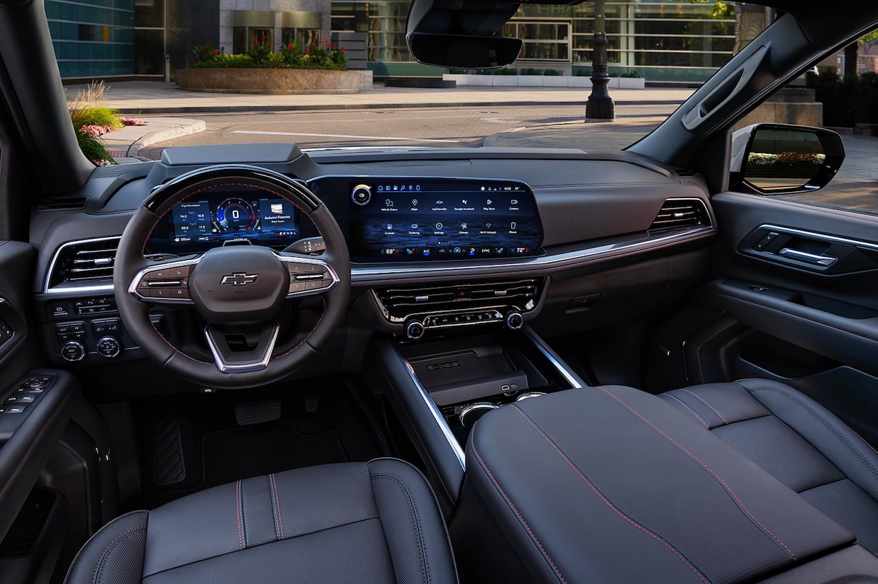 View of the Front Seats, Steering Wheel, and Infotainment System in the 2025 Chevrolet Tahoe SUV