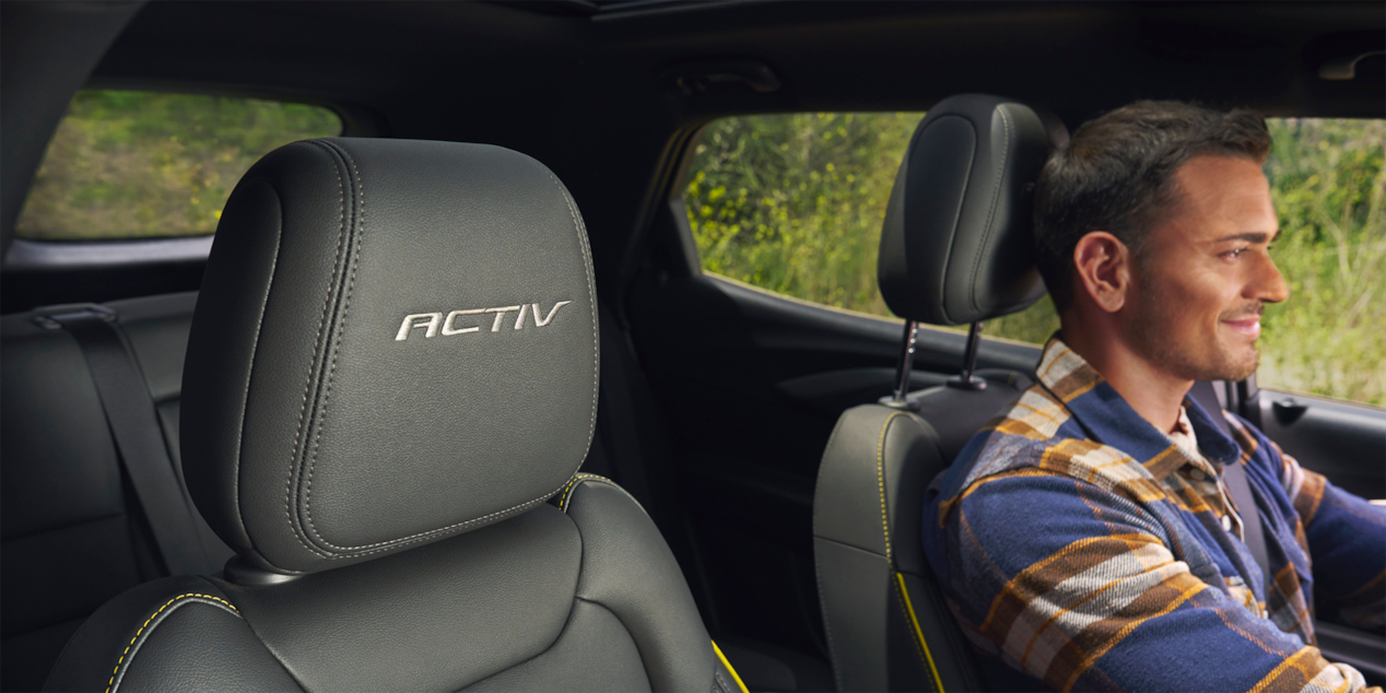Activ Badging on Headrest Inside the 2025 Chevy Trailblazer