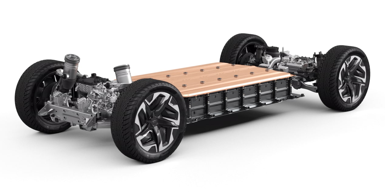 Three quarters view of the battery and tires of a Chevy Silverado EV