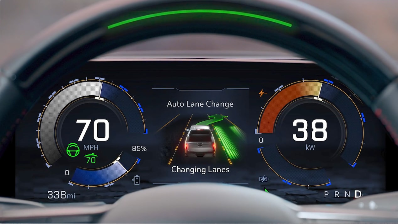 Close-up of the Speed-Meter seen through the steering wheel of Chevy Silverado EV