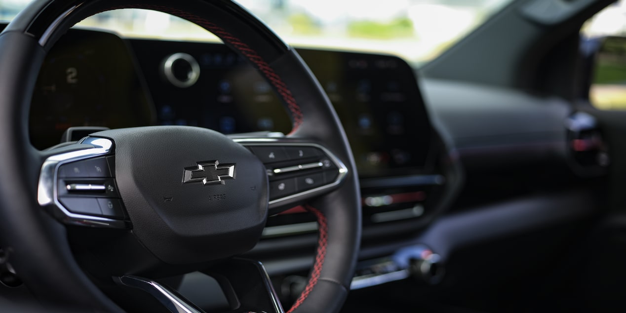Close-up of the steering wheel of a Chevy 2025 Silverado EV