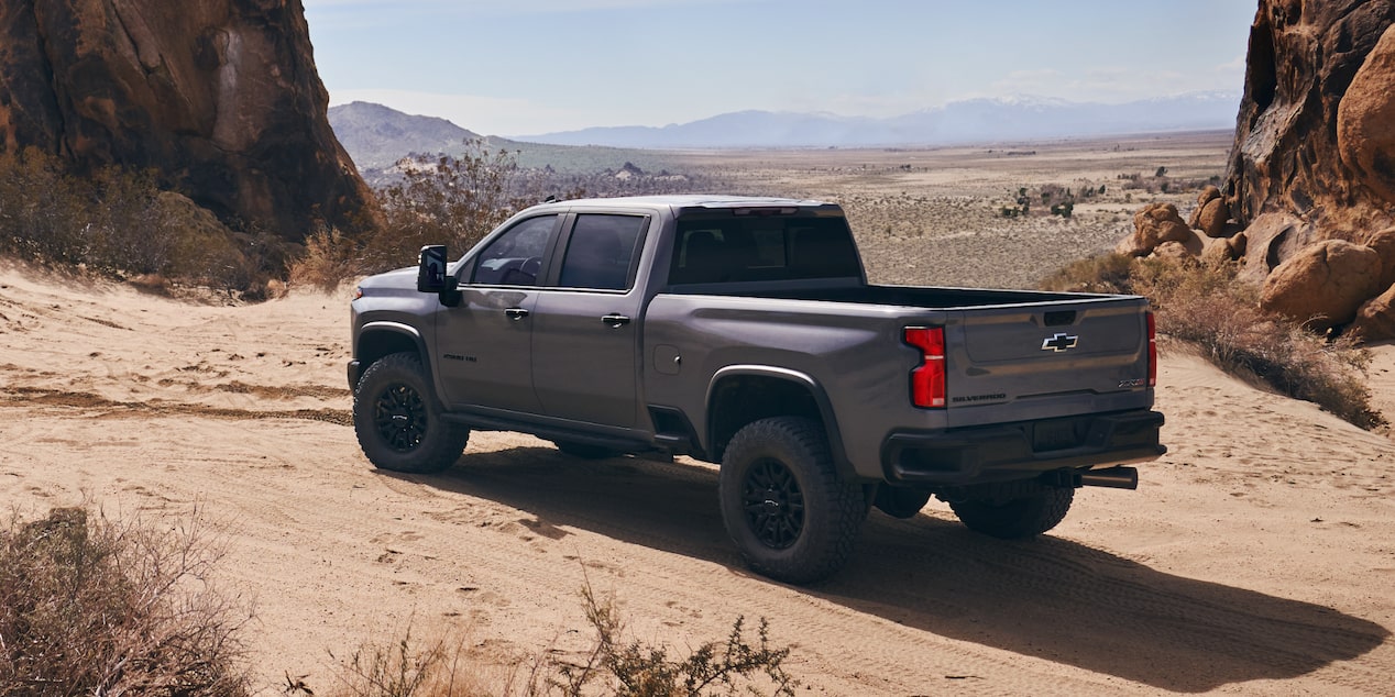 Rear Three Quarter View of a Chevy Silverado HD in a Desert