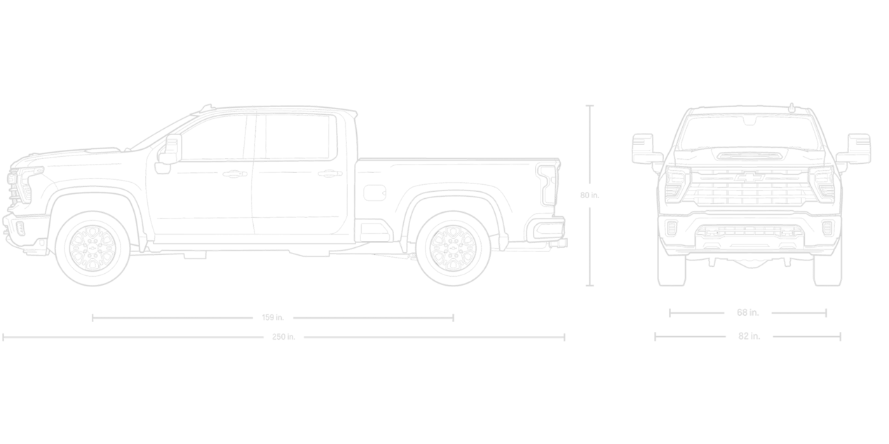 Front and Side View of a Blueprint of a 2025 Chevy Silverado HD Crew Cab
