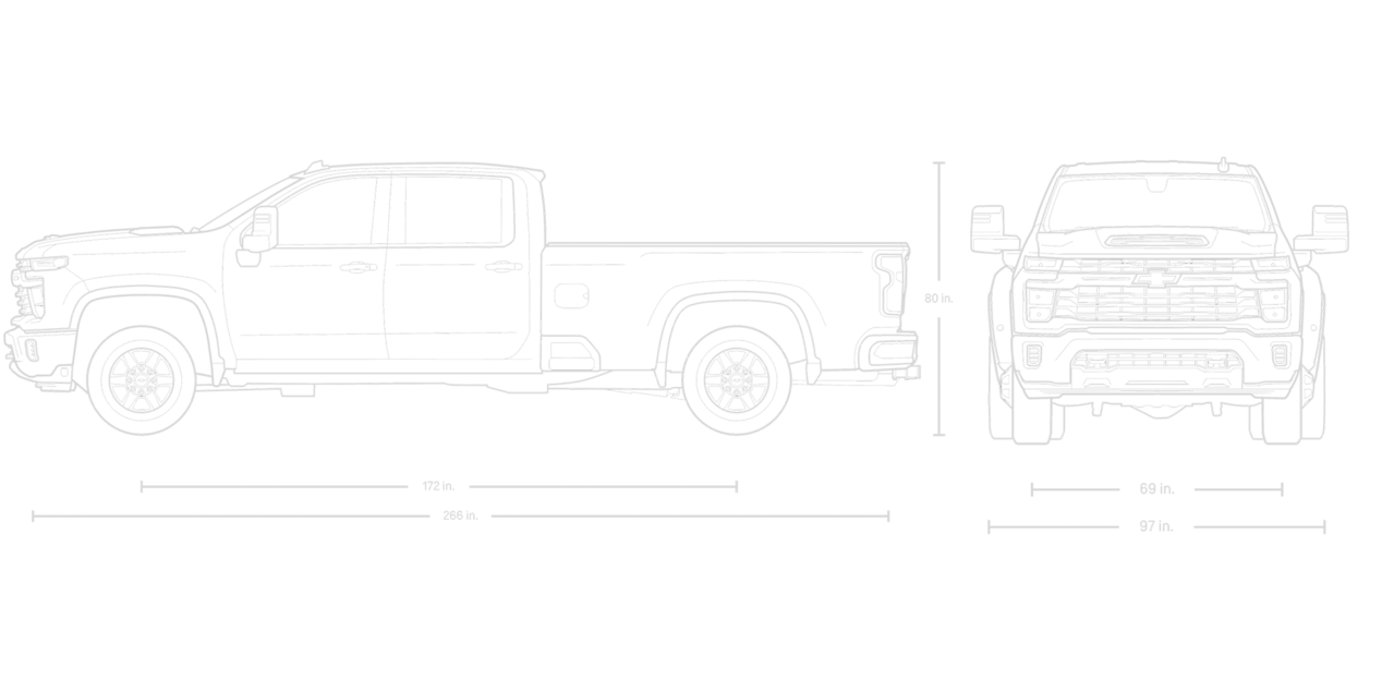 Front and Side View of a Blueprint of a 2025 Chevy Silverado HD Double Long Bed