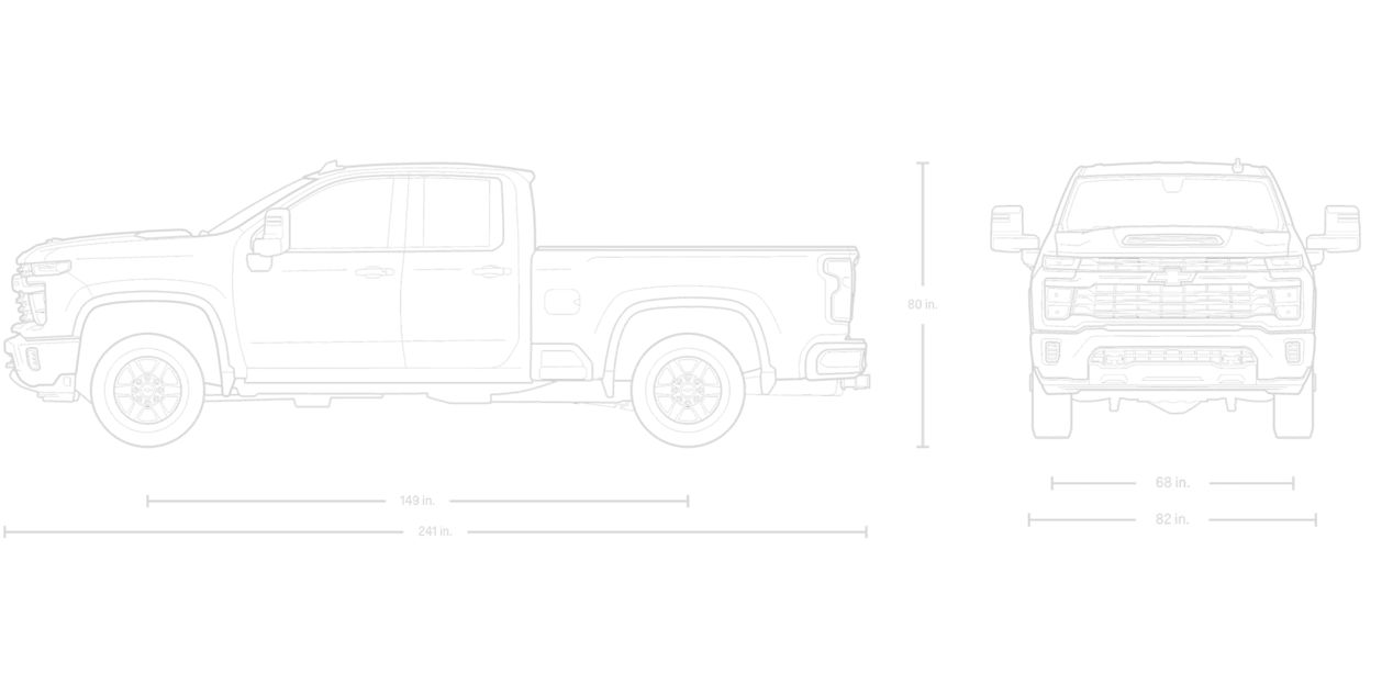 Front and Side View of a Blueprint of a 2025 Chevy Silverado HD Double Cab