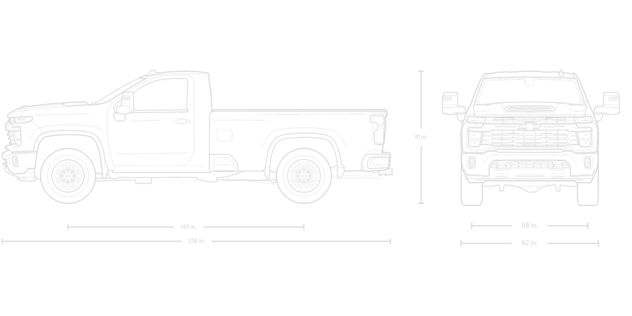 Front and Side View of a Blueprint of a 2025 Chevy Silverado HD Long Bed