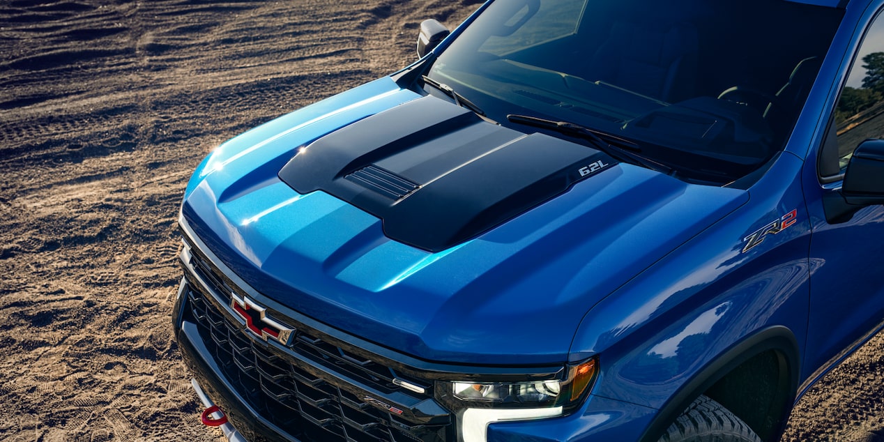 Over the Head View of the Hood of a 2025 Blue Chevy Silverado