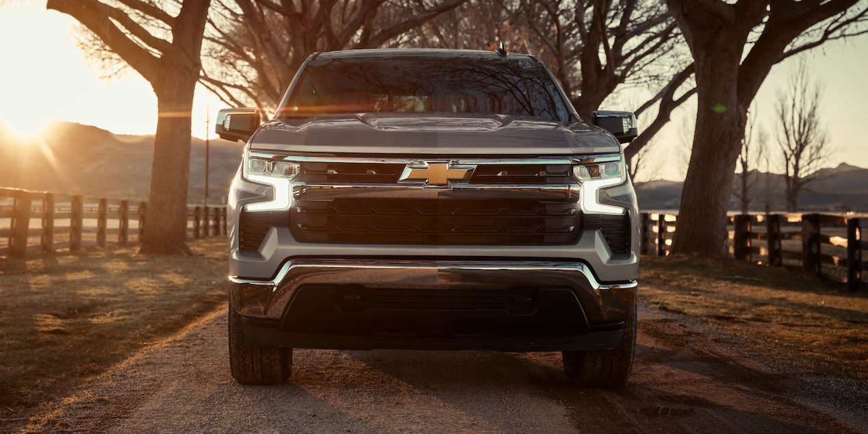 Front View of a Silver 2025 Chevy Silverado Pickup Truck