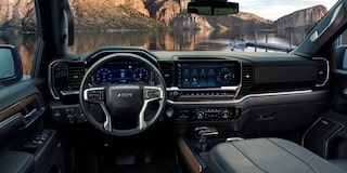Front View Interior of the Steering Wheel and Dashboard of a 2025 Chevy Silverado Pickup Truck