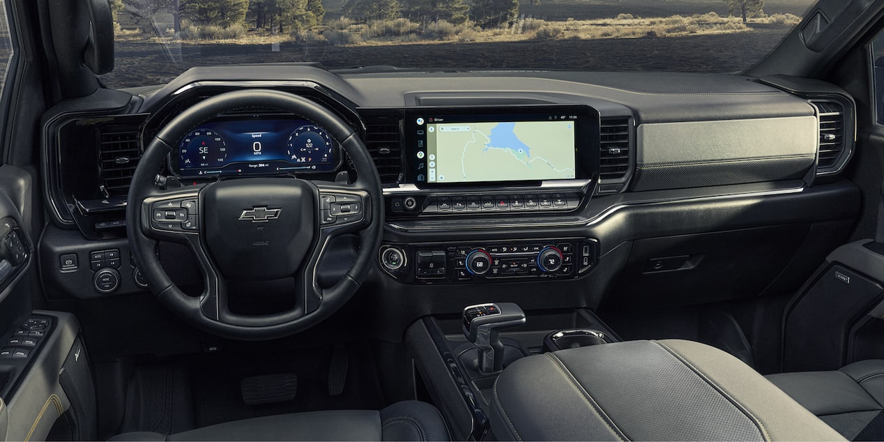 Front View Interior of the Steering Wheel and Dashboard of a 2025 Chevy Silverado Pickup Truck