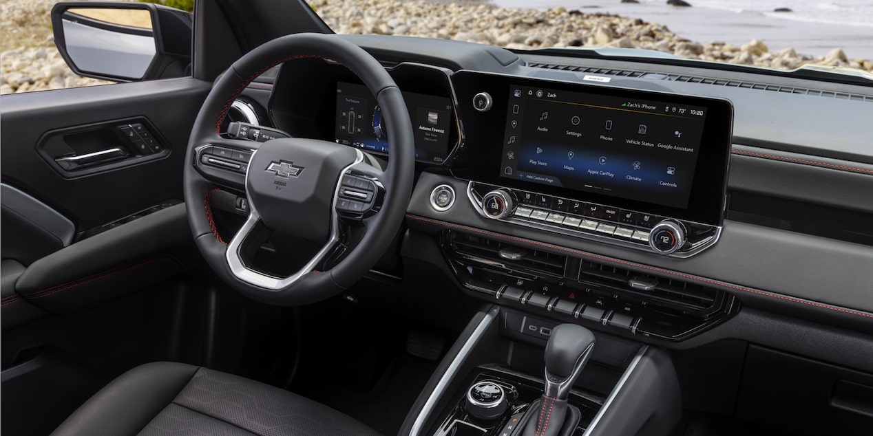 Front Passenger View of the Steering Wheel and Display Dashboard of a 2026 Chevy Colorado Pickup Truck