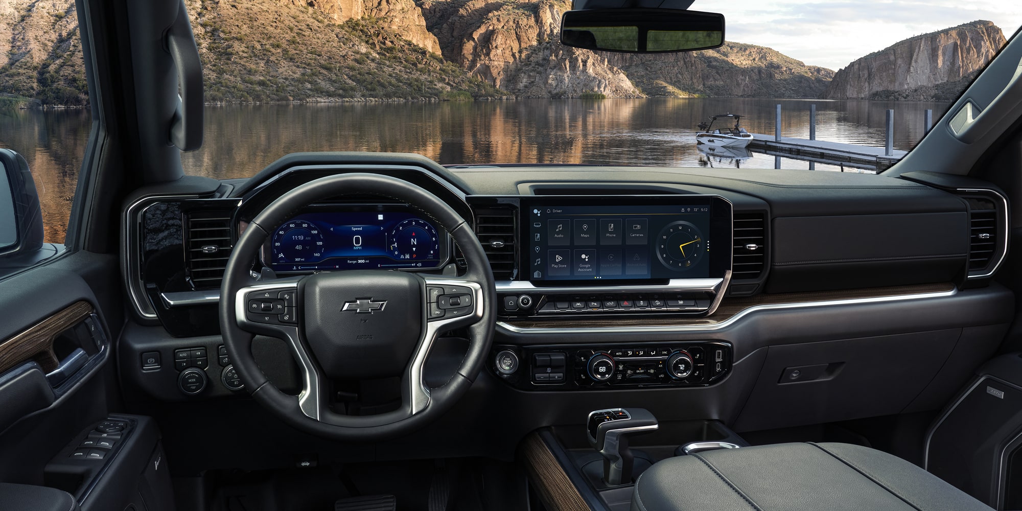 Driver's view of the front interiors of the 2026 Chevrolet Silverado LD Crew Cab.
