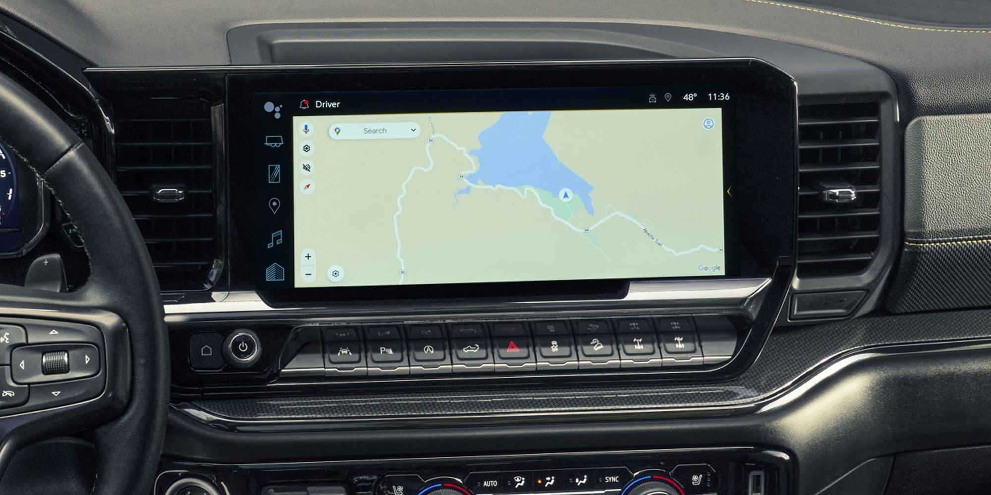 Close up view of the infotainment screen of the 2026 Chevrolet Silverado LD showing map information