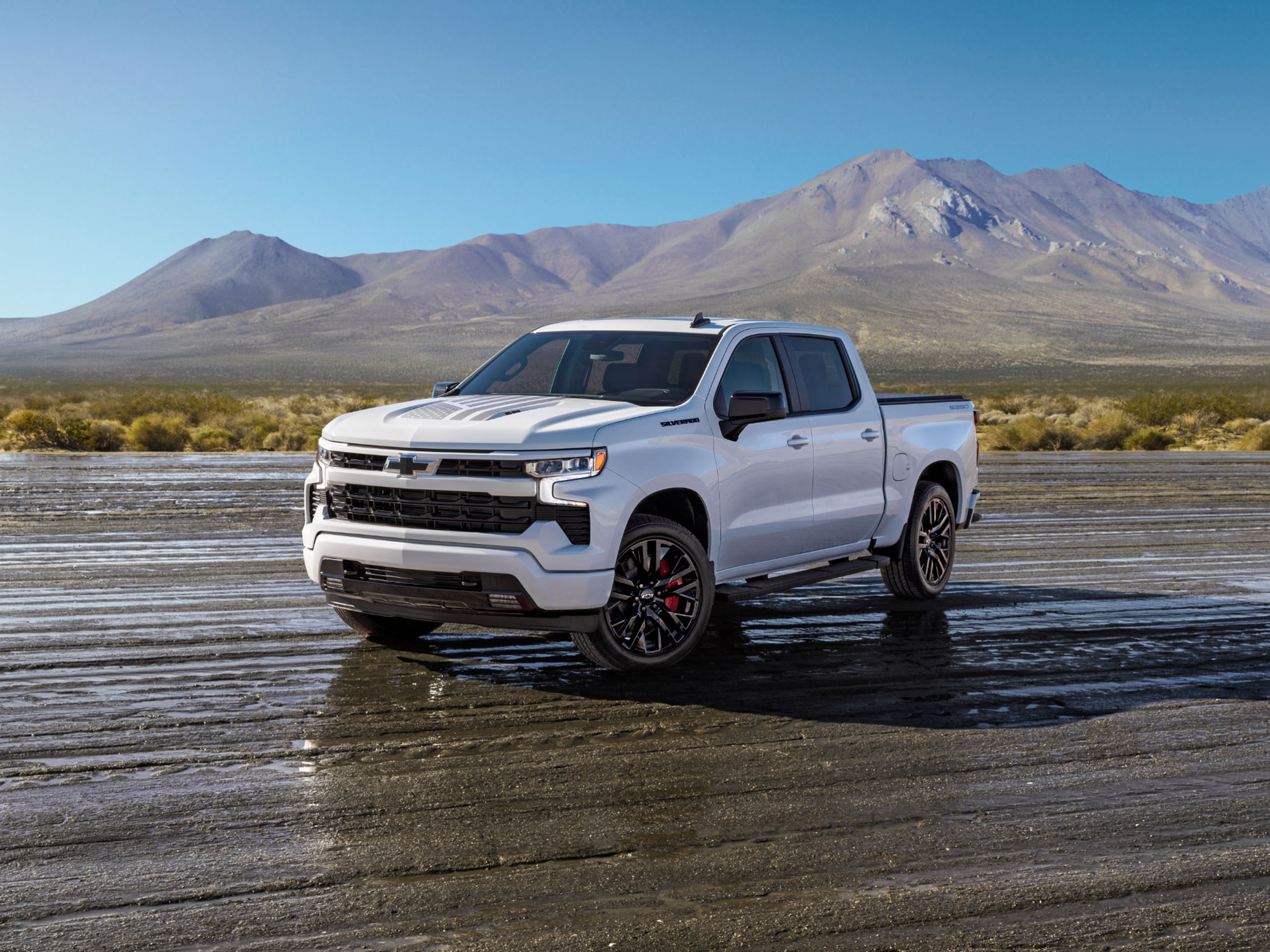 A White Chevrolet Silverado LD Stars and Steel Edition Truck Parked on a Wet Dirt Road.