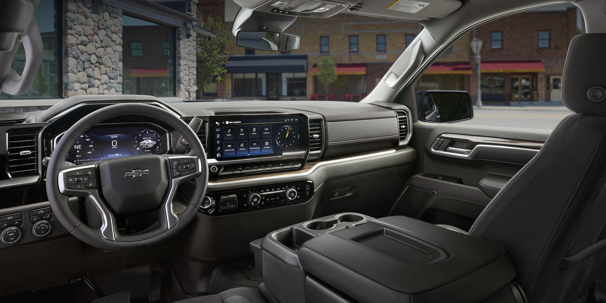 Spacious front interiors of the 2026 Chevrolet Silverado LD.