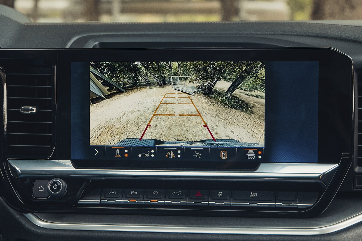 Close up view of the infotainment screen of the 2026 Chevrolet Silverado LD showing a camera view.