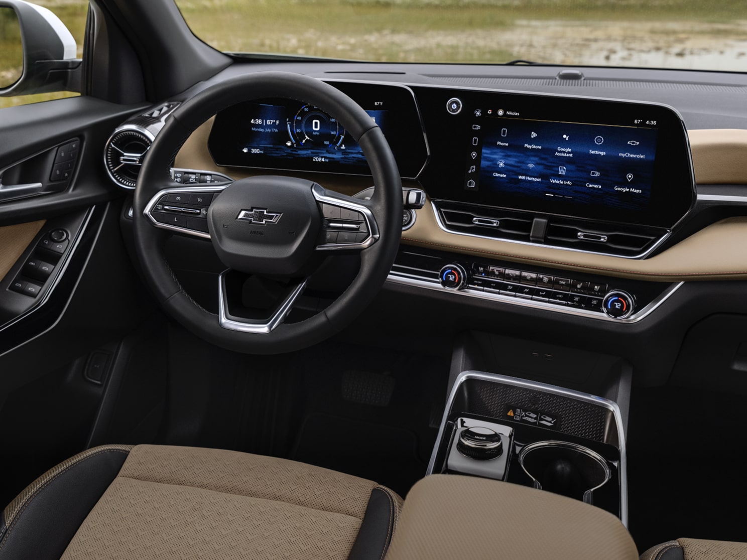 The 2027 Chevy Equinox Interior Driver's Seat View and Dashboard with Text Overlay Reading "Available Safety and Assistance Features"