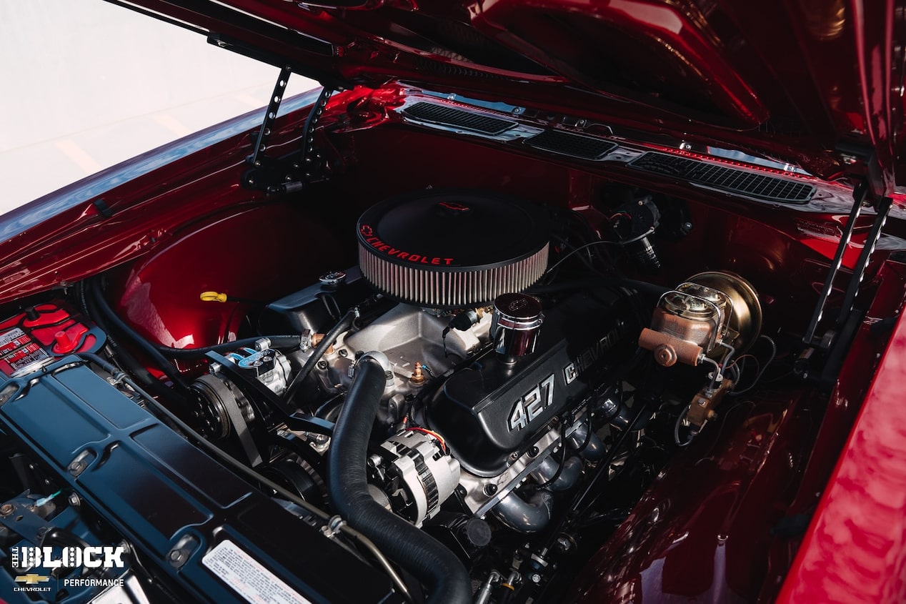 A Chevrolet Performance ZZ427/480 crate engine* is under the hood of Larsen's Chevelle.