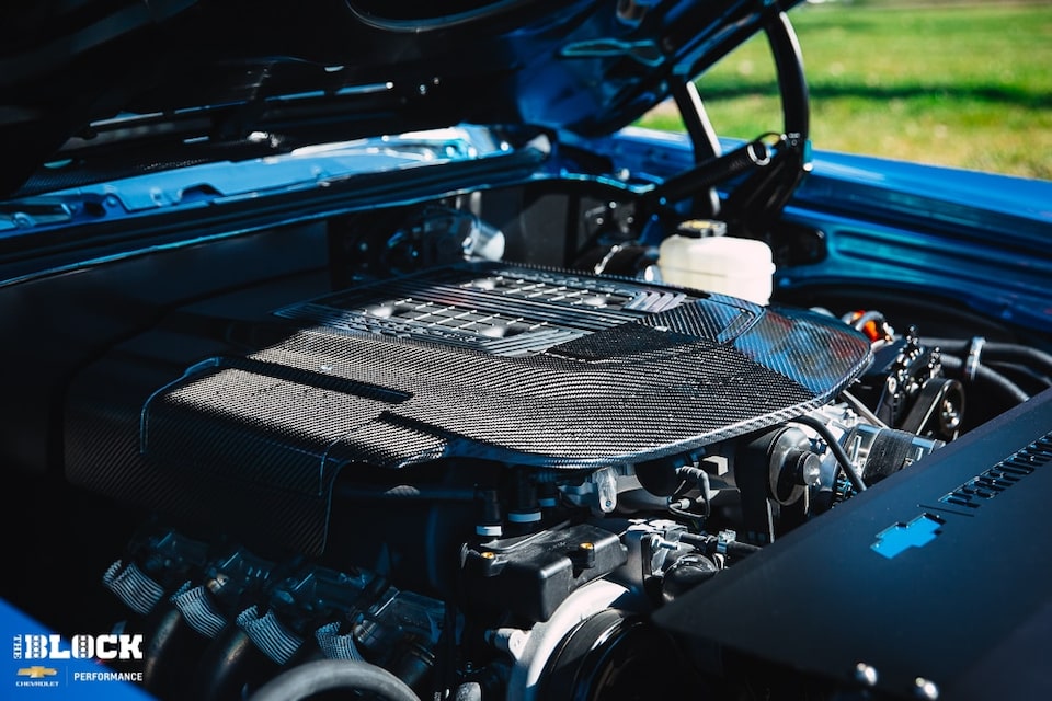 The LT4 crate engine under the hood of Hendrick Performance's 1970 Chevelle SS convertible.