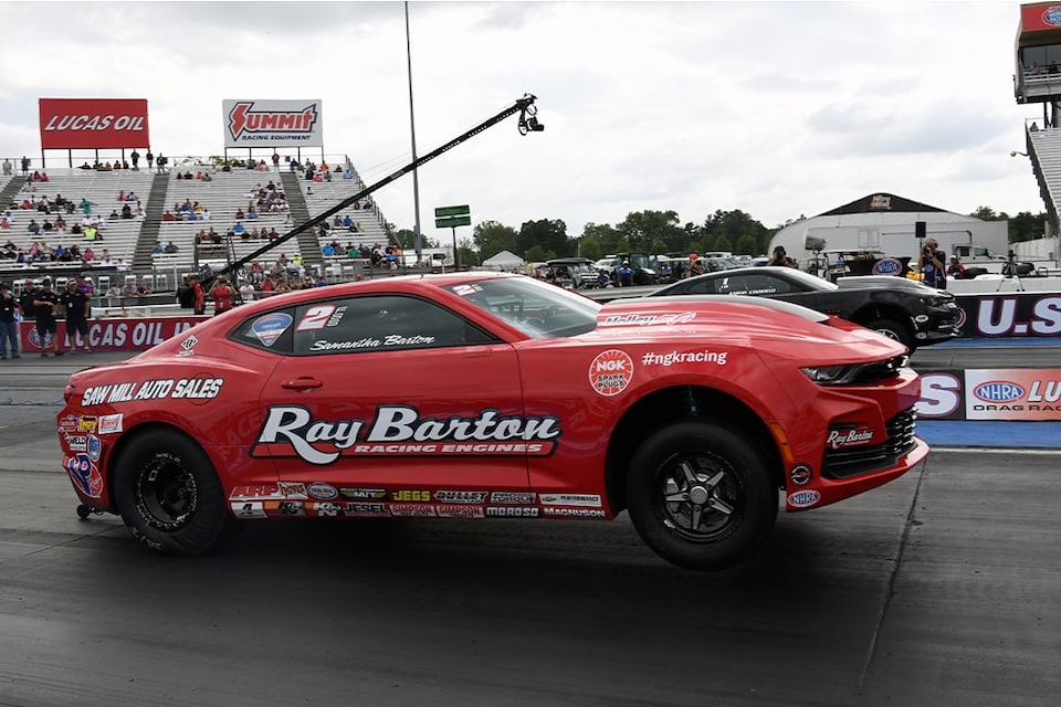 David Barton (near lane) won Factory Stock Showdown at Lucas Oil Indianapolis Raceway Park in an all-COPO Camaro final.