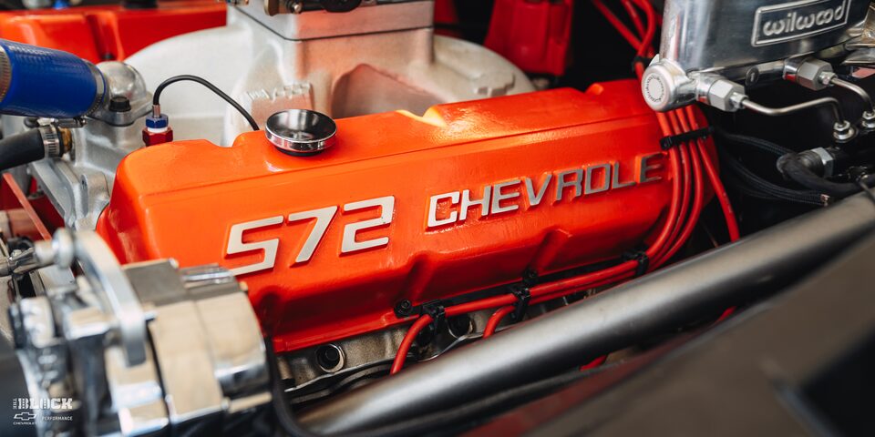 Close-Up View Of The 572 Chevrolet Engine Inside The 1966 Chevy C10 Custom Truck
