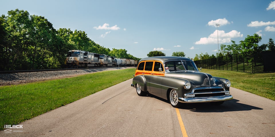 Front Three-Quarters View of a Restored 1952 Chevrolet Deluxe Wagon
