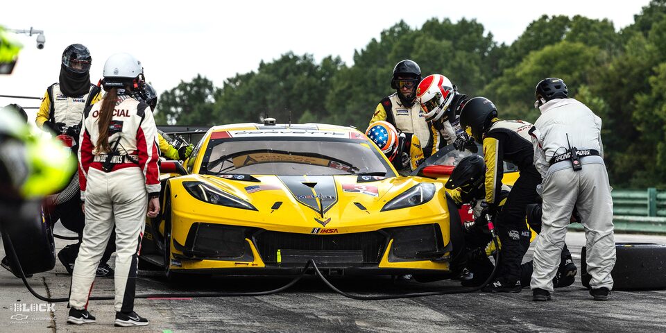 The Corvette Racing crew makes a driver change from Antonio Garcia to Jordan Taylor during the first pit stop of the day.