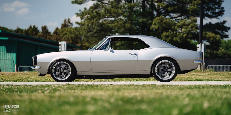 The Camaro sits on a Roadster Shop SPEC chassis and is painted in a BASF silver color.